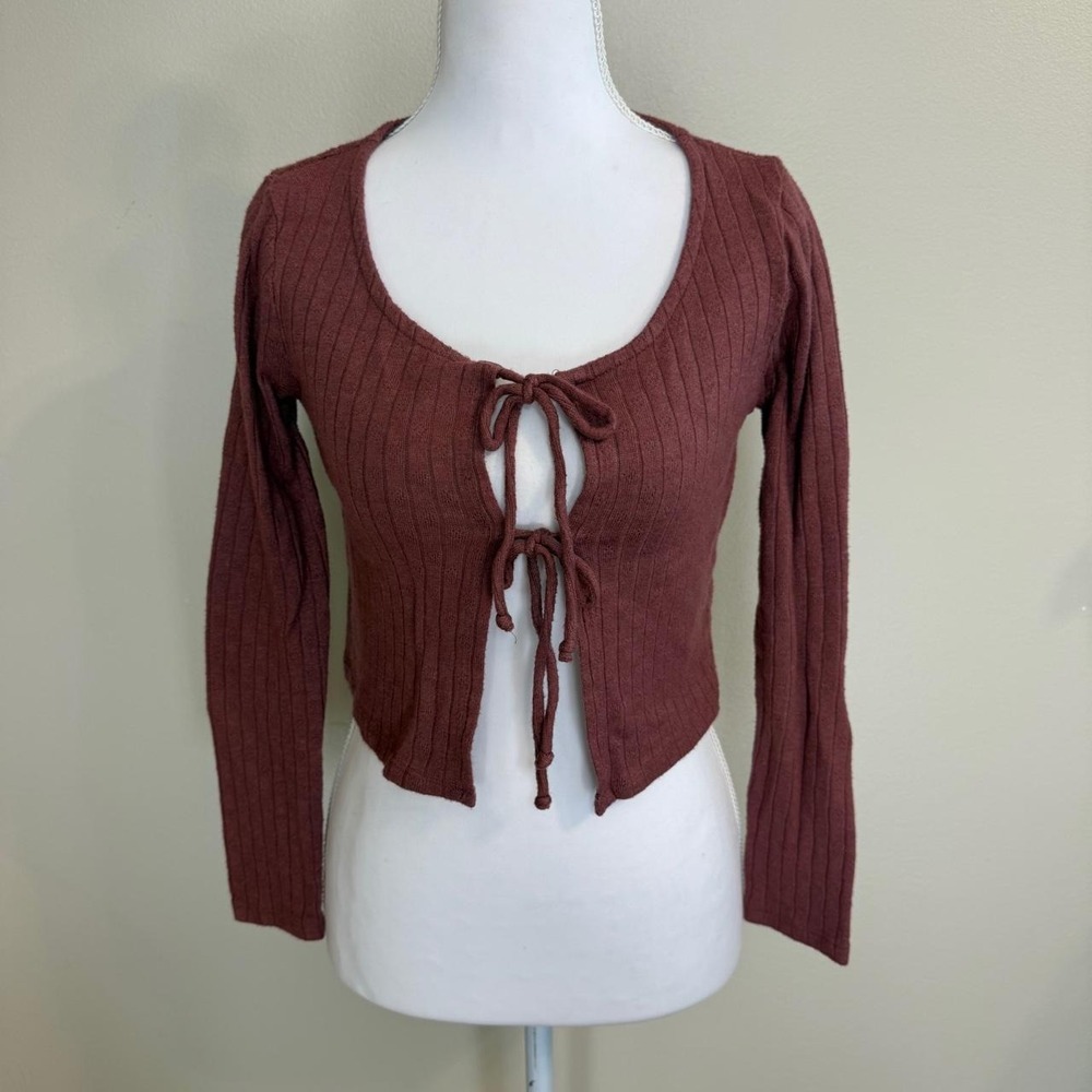 Tie Front Ribbed Knit Top Pink Womens M Coquette Ballet Cottagecore
